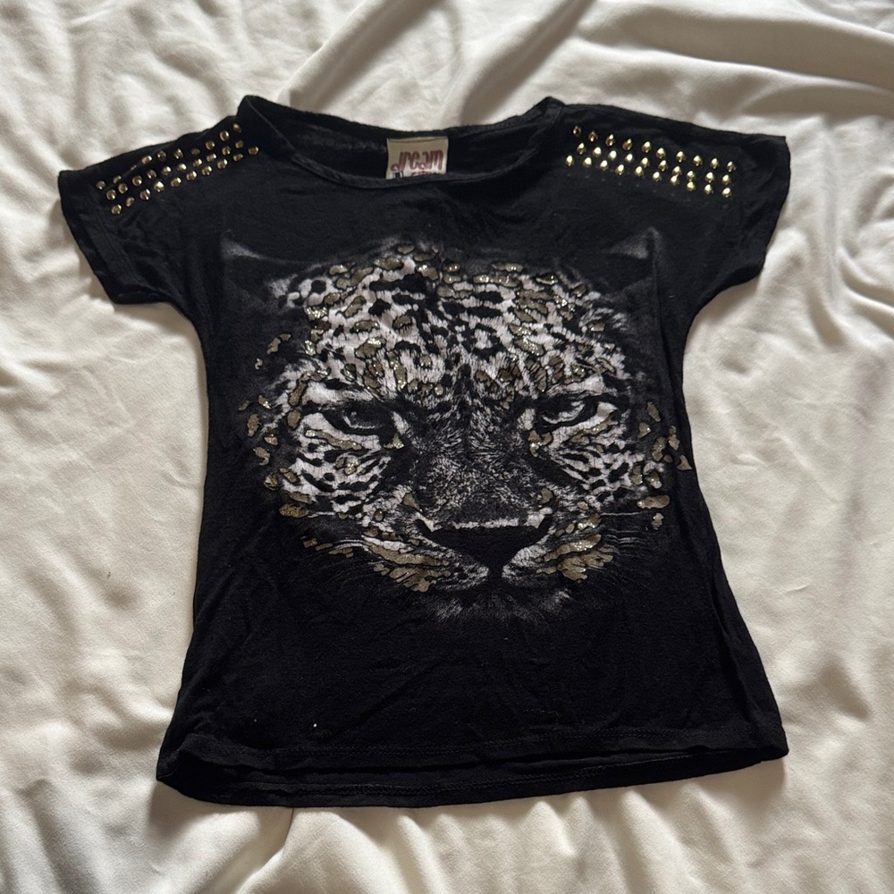 Mimi & Maggie Black Tee with Leopard Design and Studded Shoulders